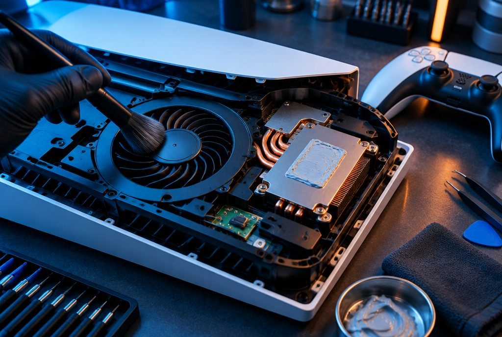 Opened game console with its cooling fan cleaned and fresh thermal paste applied to stop overheating