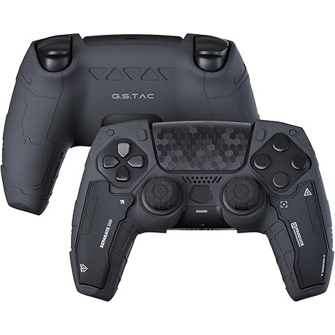 Custom tactical black PS5 DualSense controller with extended grips, built at UTTECH