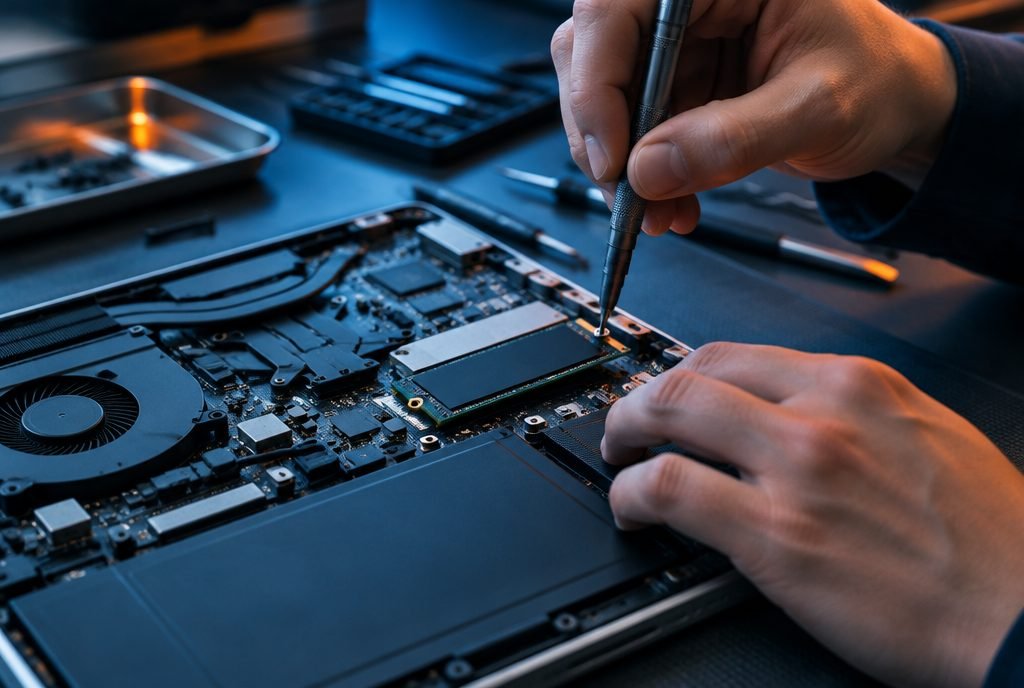 Opened laptop on a repair bench with a new solid-state drive being installed