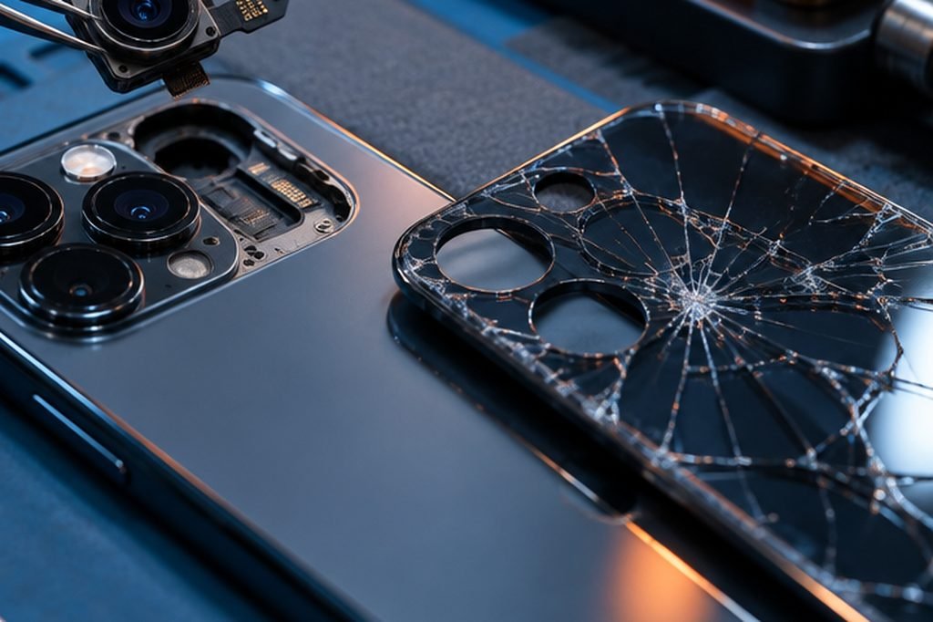 Cracked smartphone back glass panel removed during a back glass replacement