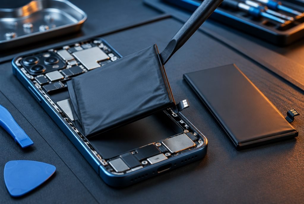 Worn smartphone battery being removed with a plastic spudger during a battery replacement