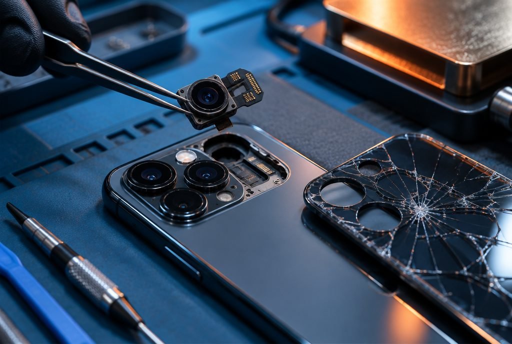 Smartphone with shattered rear glass next to a new colour-matched back glass panel on the bench