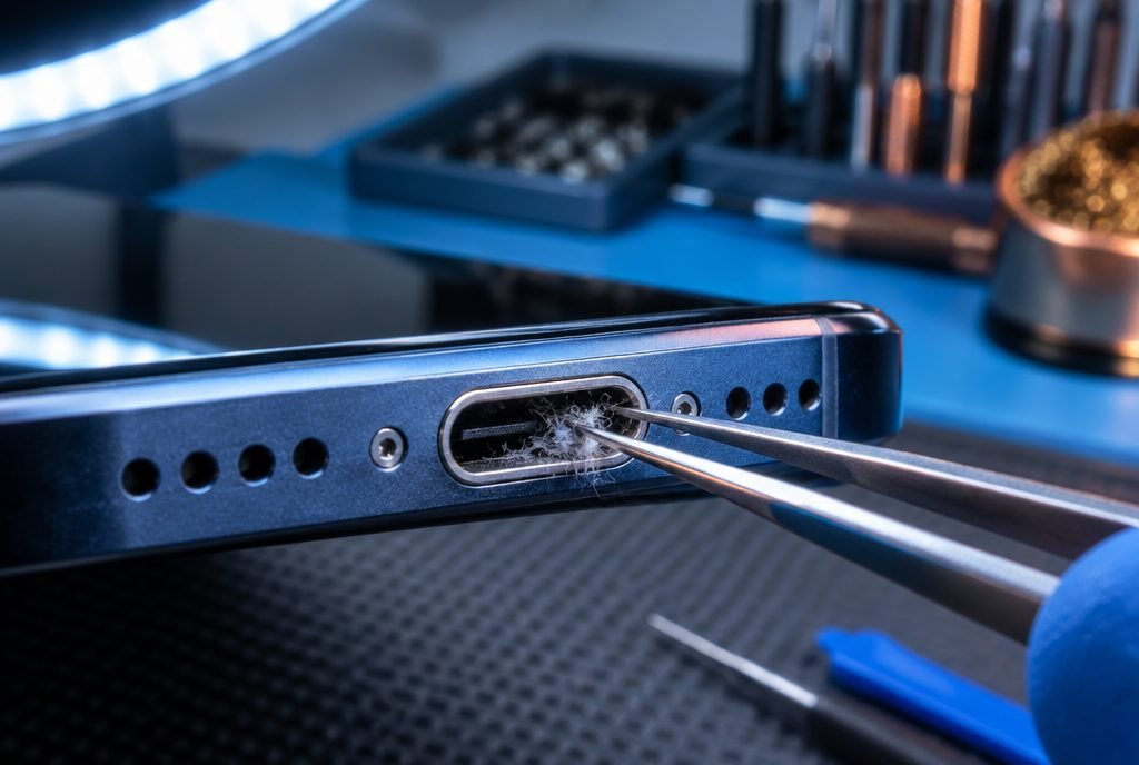 Smartphone USB-C charging port inspected under a ring light while lint is cleaned out