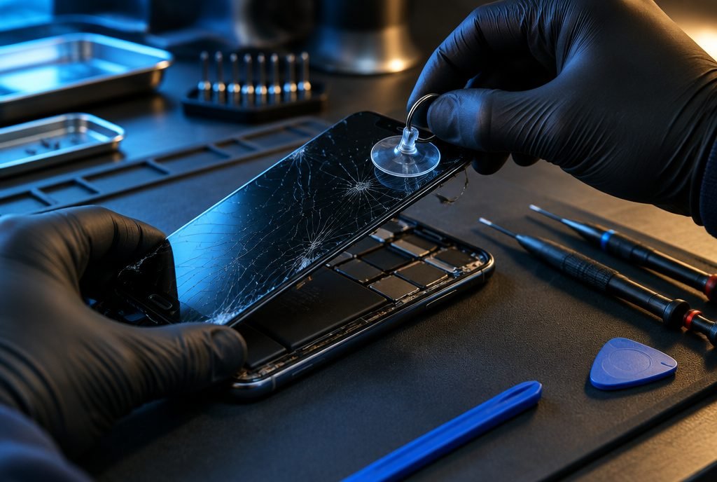 Cracked smartphone display being lifted with a suction cup during a screen replacement