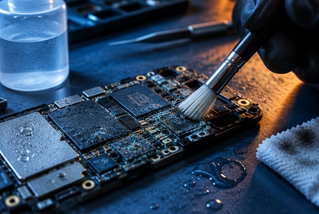 Water-damaged smartphone logic board being cleaned with isopropyl alcohol at a repair bench